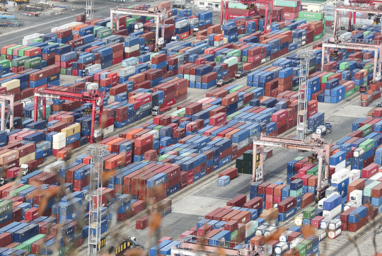 11월 21일 부산항 감만부두 야적장에 컨테이너가 가득 쌓여 있다. <연합뉴스>